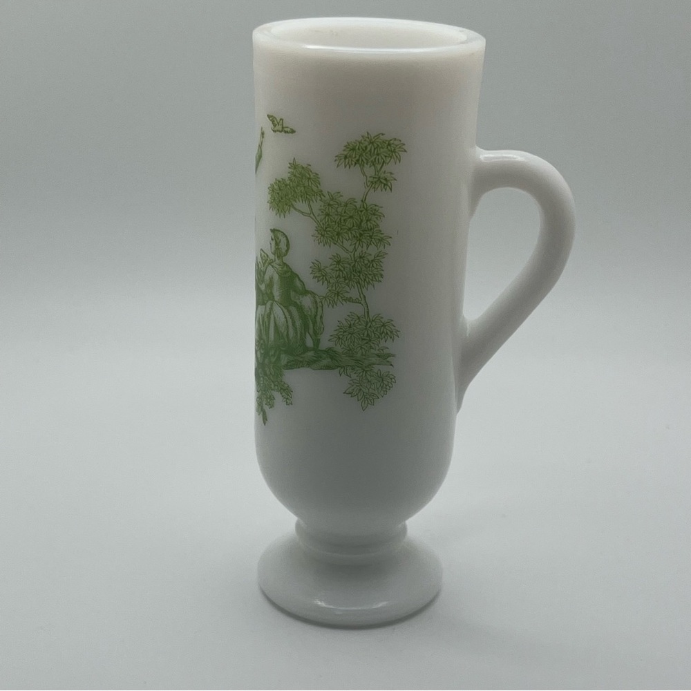 milk glass mug on pedestal green toile design demitasse by Avon cup with handle